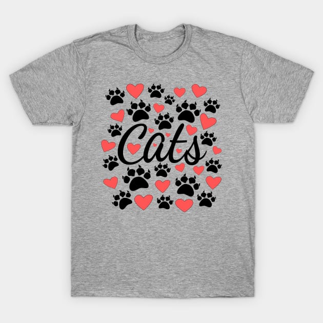 Cat Paws And Red Hearts Typography T-Shirt by Braznyc